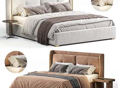 Light Gray And Brown Double Beds With Upholstered Headboards Pillows And Nightstands 3d model
