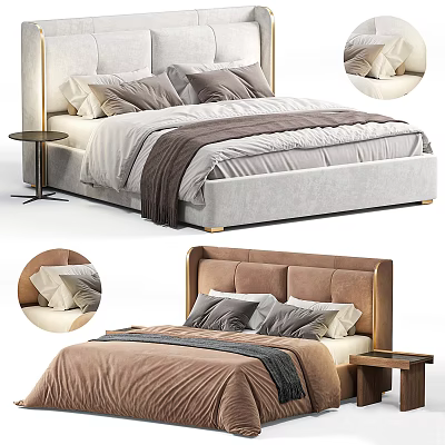 Light Gray And Brown Double Beds With Upholstered Headboards Pillows And Nightstands 3d model