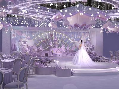 Elegant Purple Wedding Banquet Hall With Castle Decor Chandeliers And Dining Tables 3d model