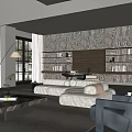 Modern Living Room Interior With White Modular Sofa Decorative Wall And Bookshelves