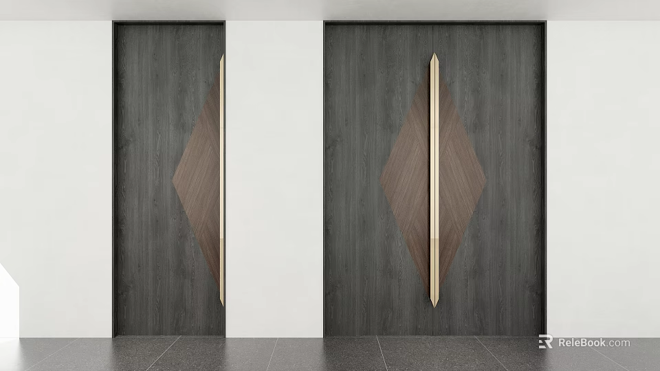 Modern Dark Wooden Double Doors With Diamond Shaped Accents And Golden Handles 3d model