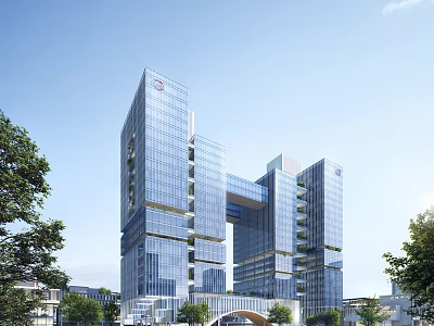 Modern Glass Curtain Wall Office Building With Connected Towers And Green Trees 3d model
