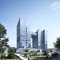 Modern Glass Curtain Wall Office Building With Connected Towers And Green Trees