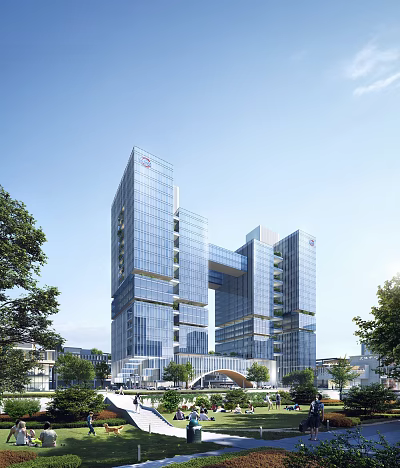 Modern Glass Curtain Wall Office Building With Connected Towers And Green Trees 3d model