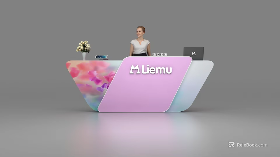 Modern Stylish Reception Desk With Pink Blue Panel M Liemu Logo Vase Flowers And Laptop 3d model 