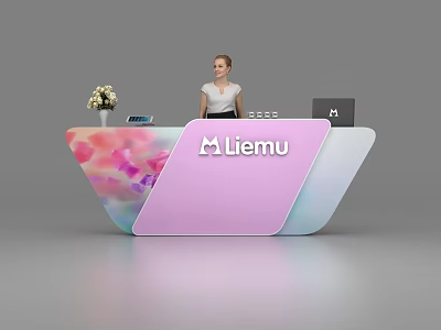 Modern Stylish Reception Desk With Pink Blue Panel M Liemu Logo Vase Flowers And Laptop 3d model