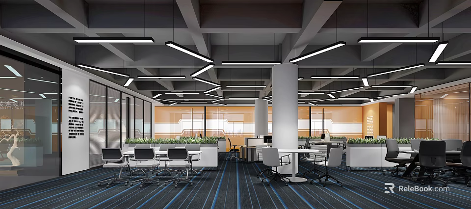 Modern Public Office Space With Open Workstations Hanging Lights And Green Plants 3d model