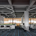 Modern Public Office Space With Open Workstations Hanging Lights And Green Plants 3d model