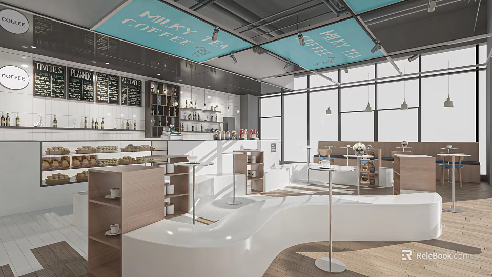 Modern Milk Tea Shop Interior With Open Counter Cozy Seating And Menu Boards 3d model 