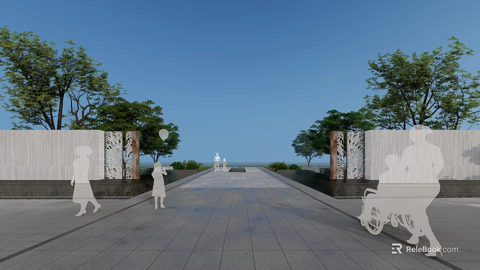 Landscape Wall With Stone Carvings Along Pedestrian Walkway Surrounded By Trees And People Walking 3d model 