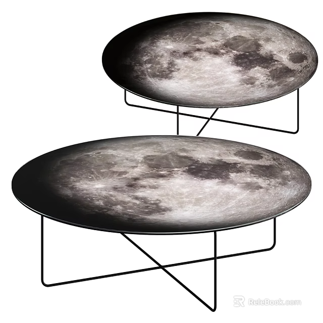 Modern Two Tiered Round Coffee Table With Moon Surface Pattern And Black Metal Frame 3d model