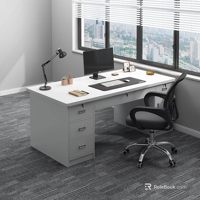 Modern White Office Desk With Computer Monitor Keyboard Desk Lamp Drawers And Office Chair 3d model 