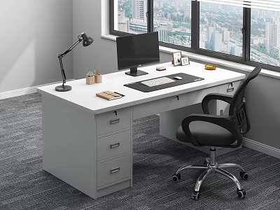 Modern White Office Desk With Computer Monitor Keyboard Desk Lamp Drawers And Office Chair 3d model