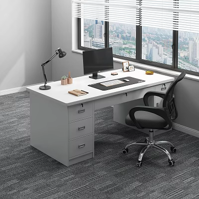 Modern White Office Desk With Computer Monitor Keyboard Desk Lamp Drawers And Office Chair 3d model