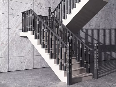 Modern Staircase With Black Metal Railings And White Stone Steps 3d model
