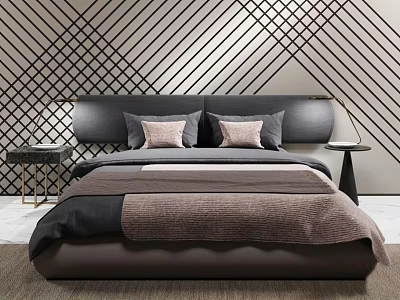 Double Bed in Background of Modern Bedroom with Geometric Wall Design and Decorative Pillows 3d model