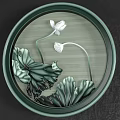Green Framed Circular Painting With White Lotus Flowers And Green Leaves On Wooden Background