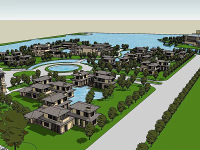 Scenic Resort Hotel Buildings With Lakeside Greenery And Surrounding Trees 3d model