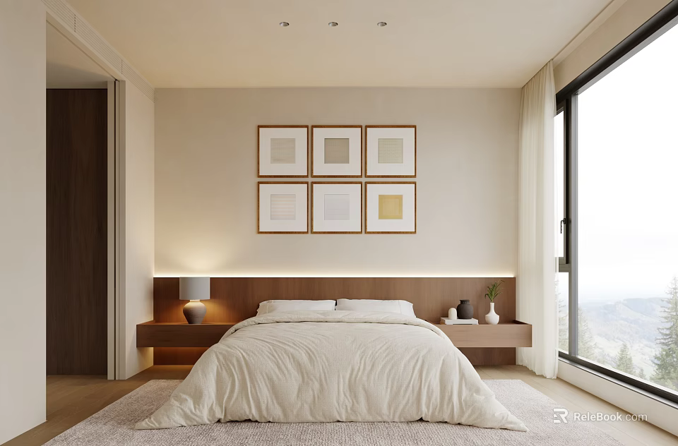 Modern Bedroom With White Bedding Wooden Headboard Framed Wall Art Large Window And Scenic View 3d model 