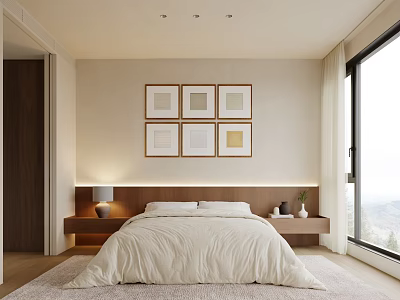 Modern Bedroom With White Bedding Wooden Headboard Framed Wall Art Large Window And Scenic View 3d model