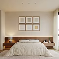 Modern Bedroom With White Bedding Wooden Headboard Framed Wall Art Large Window And Scenic View