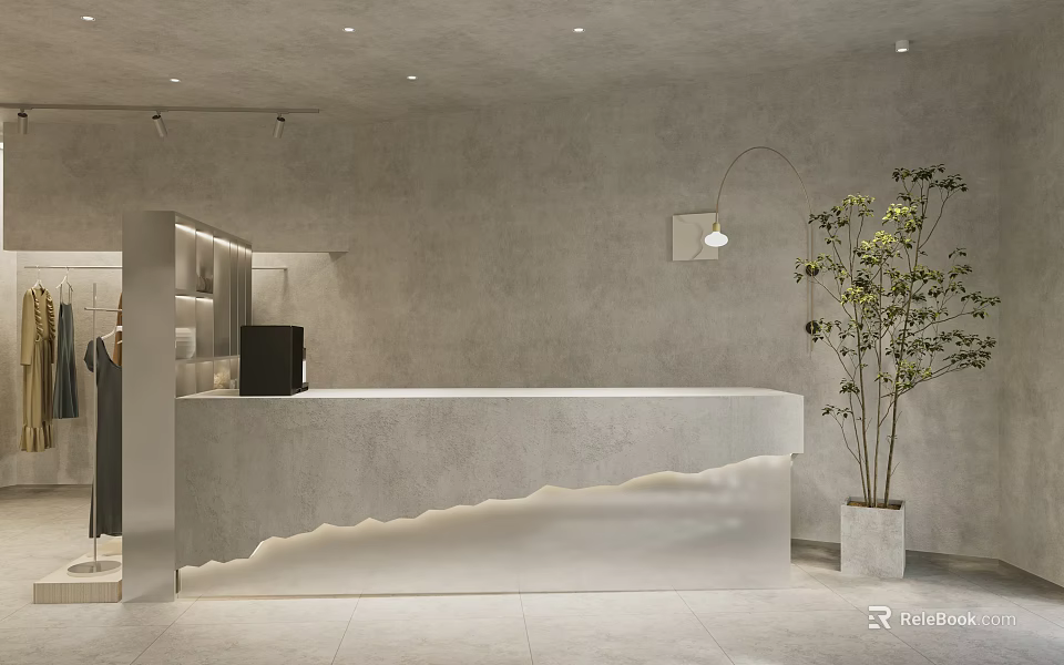 Modern Store Front Desk With Illuminated Counter Minimalist Design Gray Textured Wall And Potted Plant 3d model 