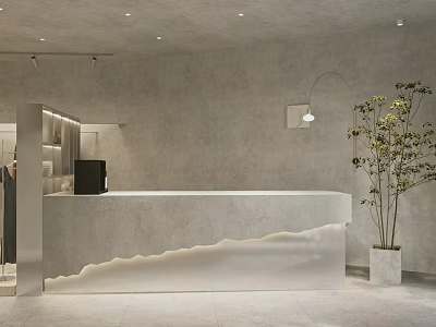 Modern Store Front Desk With Illuminated Counter Minimalist Design Gray Textured Wall And Potted Plant 3d model
