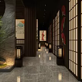 Japanese Style Restaurant Interior With Stone Wall Circular Window Green Plants And Wooden Furniture