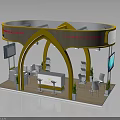 Modern Trade Show Booth Design With Yellow Arches White Interior Display Screens And Plants