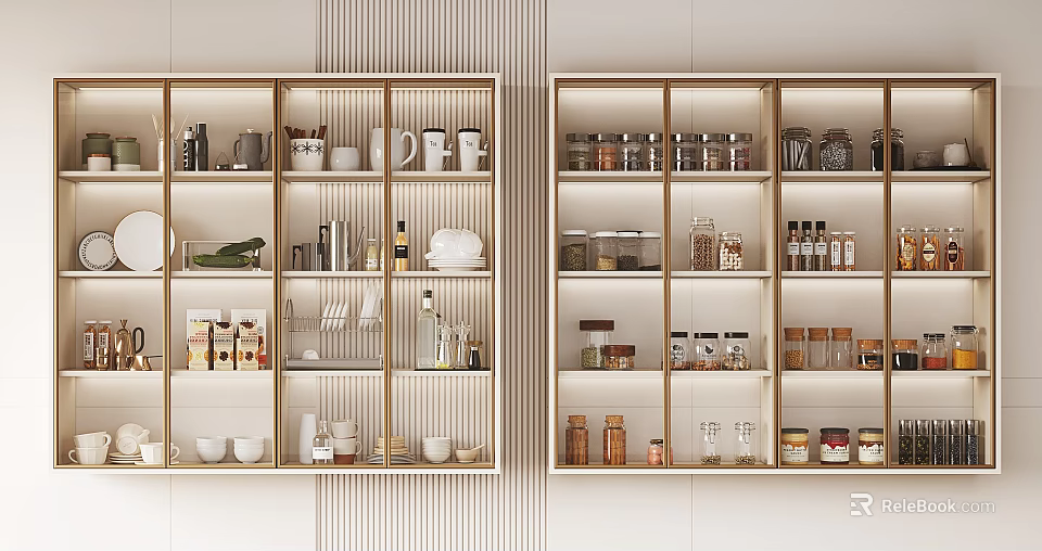 Open Kitchen Shelving With White And Gold Frame Holding Cookware Mugs Jars And Bottles 3d model 
