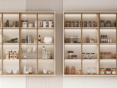 Open Kitchen Shelving With White And Gold Frame Holding Cookware Mugs Jars And Bottles 3d model