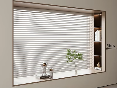 Modern White Window Blinds with Windowsill Decorative Items Green Plant and Bookshelf 3d model