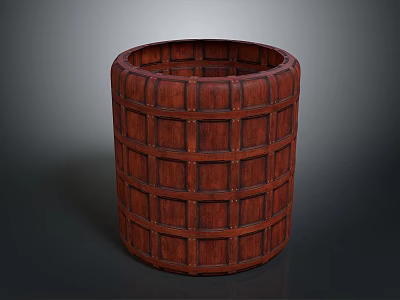 Wooden Barrel Shaped Storage Container With Dark Brown Grid Pattern Design 3d model