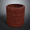 Wooden Barrel Shaped Storage Container With Dark Brown Grid Pattern Design