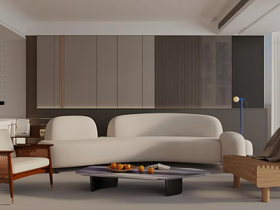 Modern Living Room Interior Design With White Sofa Wooden Armchair And Oval Coffee Table 3d model