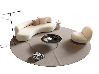 Modern White Curved Sofa and Coffee Table Set With Cushions Armchair Floor Lamp and Rug 3d model