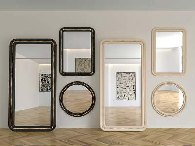 Decorative Mirrors In Various Shapes And Frame Designs On White Wall With Herringbone Floor 3d model