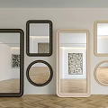 Decorative Mirrors In Various Shapes And Frame Designs On White Wall With Herringbone Floor