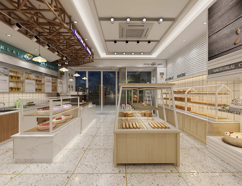 Bright Dessert Shop Interior With Glass Display Cases And Fresh Baked Pastries 3d model 