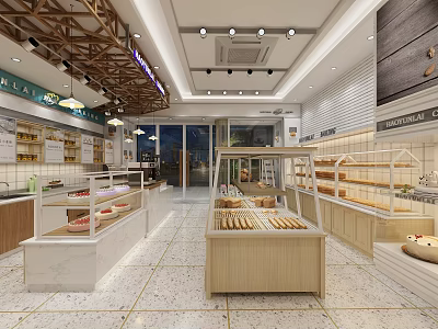 Bright Dessert Shop Interior With Glass Display Cases And Fresh Baked Pastries 3d model