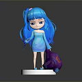 Child with Long Blue Hair in Blue Dress Holding Purple Doll Standing on White Base