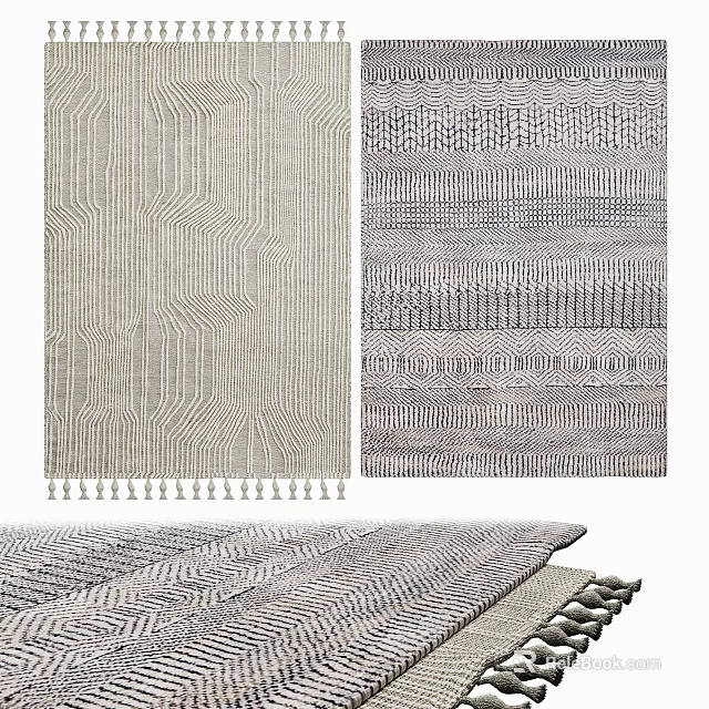 Square Rugs With Geometric Patterns Woven Textures Tassel Details Neutral And Blue Tones 3d model 