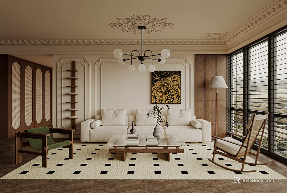 Elegant Living Room Interior Design with Beige Sofa Wooden Coffee Table and Yellow Decorative Painting 3d model 
