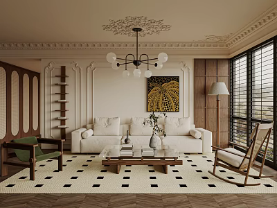Elegant Living Room Interior Design with Beige Sofa Wooden Coffee Table and Yellow Decorative Painting 3d model