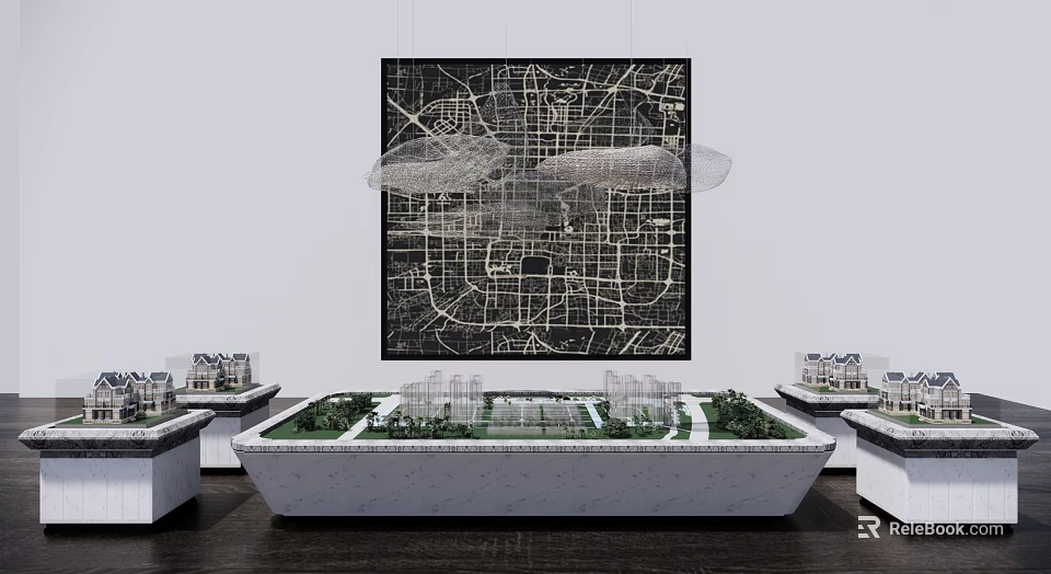 Modern Commercial Equipment Display Stand With Green Turf And Miniature Building Models On White Background 3d model 