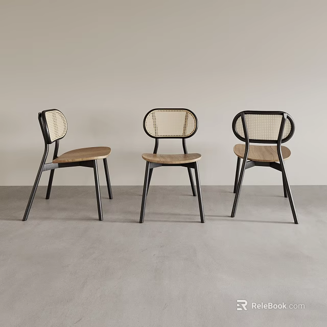 Modern Single Chair With Woven Backrest Wooden Seat And Black Metal Legs 3d model 