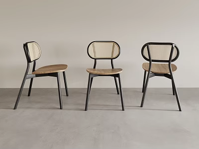 Modern Single Chair With Woven Backrest Wooden Seat And Black Metal Legs 3d model