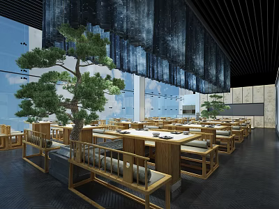 Modern Chinese Restaurant Interior With Wooden Tables Chairs Pine Tree Large Windows Black Ceiling 3d model