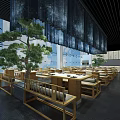 Modern Chinese Restaurant Interior With Wooden Tables Chairs Pine Tree Large Windows Black Ceiling