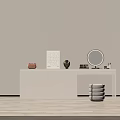 White Vanity Table With Illuminated Round Mirror Decorative Print And Gray Stool